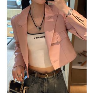 여성용 짧은 천연 가죽 블레이저 재킷, 핑크 라펠 싱글 단추, 긴 소매 양가죽 재킷, 2024 신상 패션