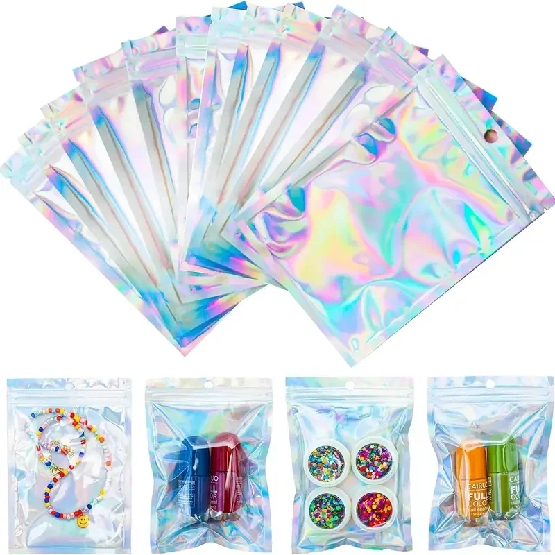 100pcs 홀로그램 Resealable Mylar 가방 지 플락 캔디 Suger 티 쥬얼리 뷰티 보관 가방