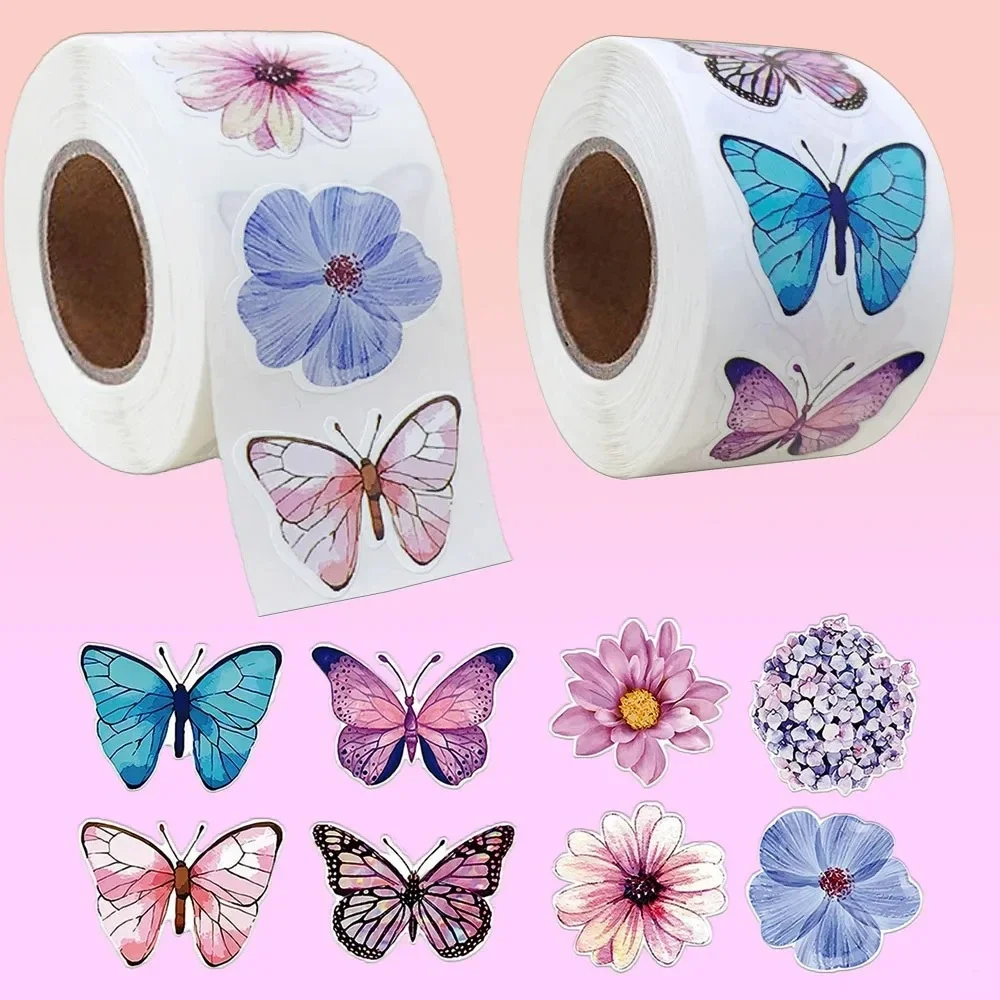 500Pcs/Roll 생생한 나비 꽃 스티커 2.5cm/1.0inch Diy 데칼 장식 선물 노트북 주전자 전화 인감 레이블을 장식하는 데 사용