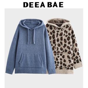 DEEABAE 한국 스타일 여성 의류 새로운 느슨한 레이스 업 후드 긴 소매 캥거루 포켓 리브 레이어 니트웨어 까마귀