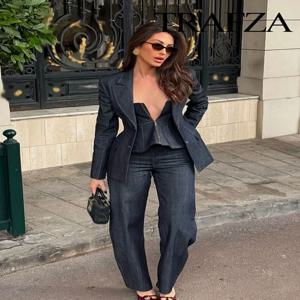 TRAFZA 2025 봄 데님 블레이저 바지 여성용 턴 다운 칼라 슬림 코트 + v 넥 코르셋 + 빈티지 여성 와이드 레그 청바지 세트
