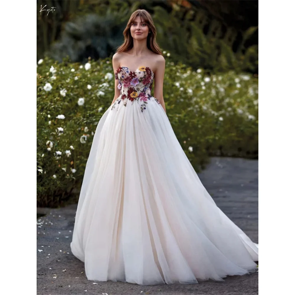 교토 맞춤형 절묘한 화려한 꽃 Strapless 웨딩 드레스 a 라인 Tulle vestidos de novia 채플 트레인 이브닝 드레스