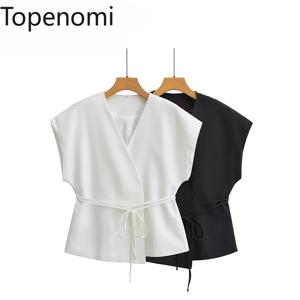 Topenomi 양복 조끼 조끼 여성 프랑스 패션 V 넥 레이스 업 허리 탱크 탑 2025 새로운 단순 민소매 다목적 솔리드 자켓