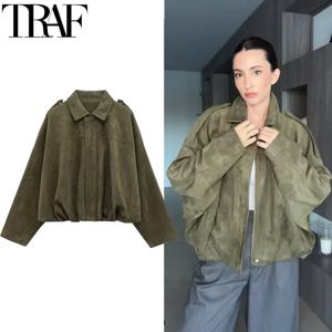 TRAF 2025 여성 자켓 크롭 스웨이드 자켓 여성 데미 시즌 폭격기 재킷 긴 소매 코트 오버 사이즈 지퍼 솔리드 코트