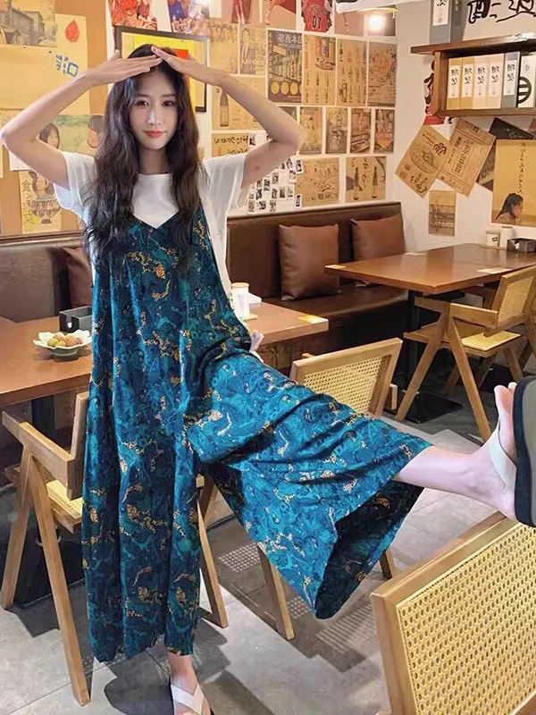 블루 도파민 프린트 와이드 레그 팬츠 여성용 플러스 사이즈 캐주얼 바지 드레이핑 꽃 캐주얼 코튼 블렌드 여름 바지