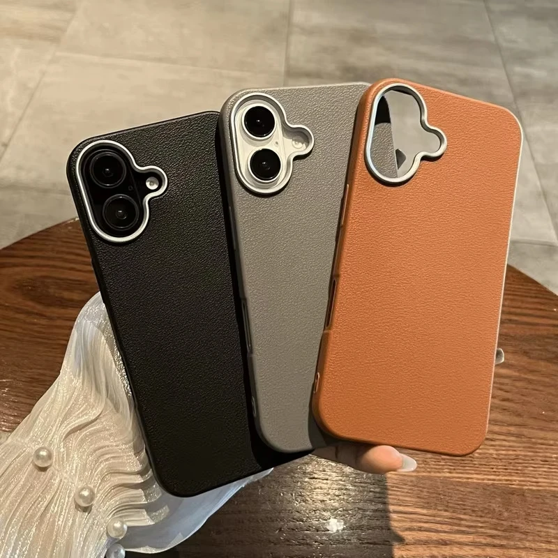 럭셔리 비즈니스 가죽 질감 전화 케이스 iPhone 16 Pro Max 11 12 13 14 15 Fundas 마그네틱 소프트 TPU 충격 방지 브라운 커버