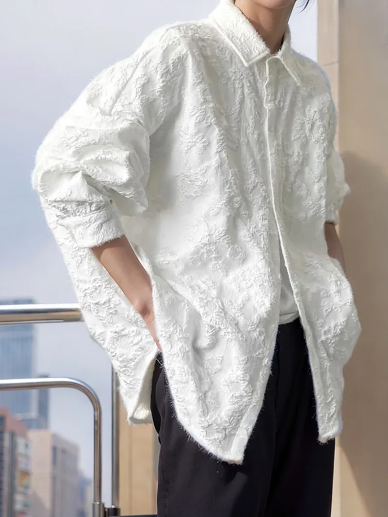2XL 화이트 뉴 구겨진 자카드 셔츠 루즈 패션 솔리드 컬러 캐주얼 턴 다운 칼라 탑 새로운 올 매치 배트 윙 슬리브 P7W