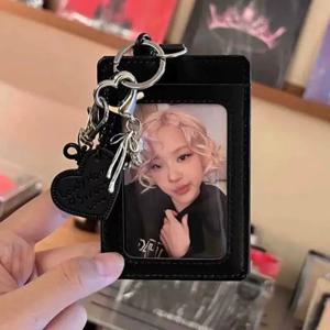블랙 PU 가죽 실버 고양이 활 펜던트 사진 카드 홀더 학생 캠퍼스 카드 ID 카드 홀더 캠퍼스 카드 홀더 키 체인