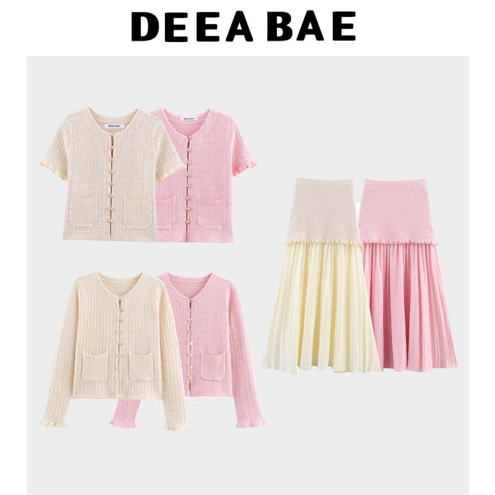 DEEABAE 가을, 겨울 새로운 라운드 넥 버클 장식 부드럽고 다재다능한 짧은 소매 니트 카디건 하프 스커트 세트