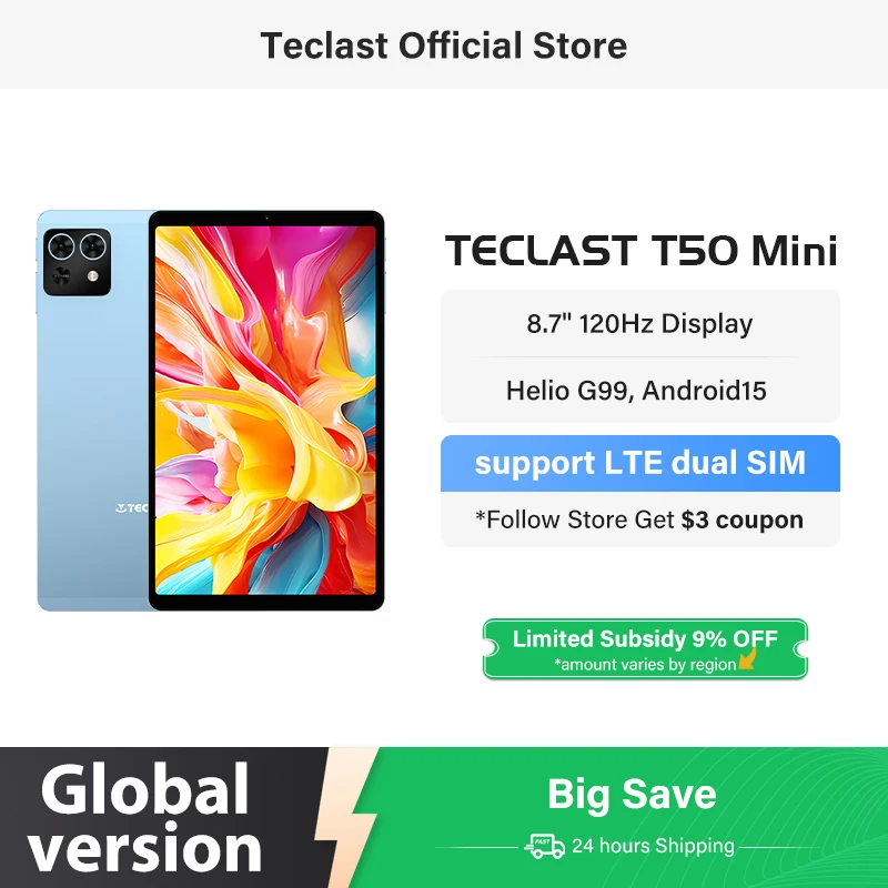Teclast T50 미니 태블릿 8.7인치 120Hz 디스플레이 MTK Helio G99 20GB RAM(8+12 가상) 128GB ROM Android15 태블릿 지원 4G 듀얼 SIM