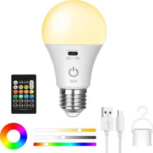 3색/RGB 컬러 USB LED 전구 충전식 스마트 전구 디밍 가능 E27 전구 타이밍 기능 무선 배터리 작동 전구