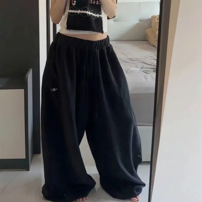 아메리칸 레트로 힙합 오버 사이즈 여성 블랙 캐주얼 운동복 한국 streetwear 루즈 조깅 바지 하이 웨이스트 와이드 레그 팬츠