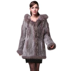 2021 레이디 니트 진짜 정품 토끼 모피 코트/자 켓/outwear/의류 너구리 칼라 후드 여자와 긴 tassels