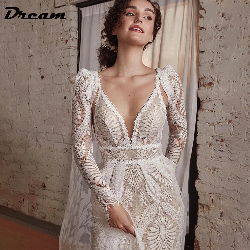DREAM 맞춤형 스파게티 스트랩 레이스 웨딩 원피스, 우아한 긴 소매 백리스 V 넥 A 라인 신부 가운, 스윕 트레인 2025