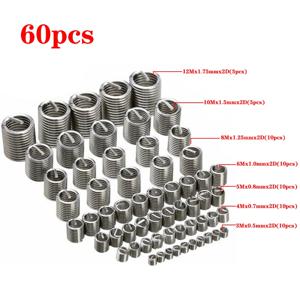 60pcs M3 M4 M5 M6 M8 M10 M12 304 스테인레스 스틸 2D 고정 스레드 삽입 키트 하드웨어 수리 도구 나선형 와이어 슬리브 나사