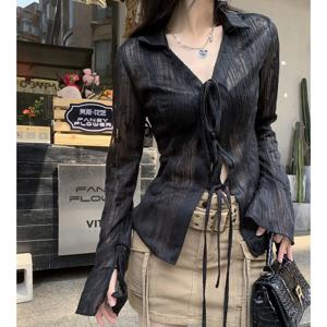Gidyq 여성 스트리트웨어 셔츠, 레이스업 긴팔 블라우스, 한국 Y2K 캐주얼 여성, 느슨한 자외선 차단 셔츠, 패션 용수철 신제품