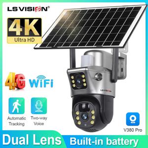 LS VISION 4K 태양 카메라 8MP 4G SIM 카드 듀얼 렌즈 화면 와이파이 감시 PTZ 배터리 카메라 컬러 나이트 비전 PIR 감지