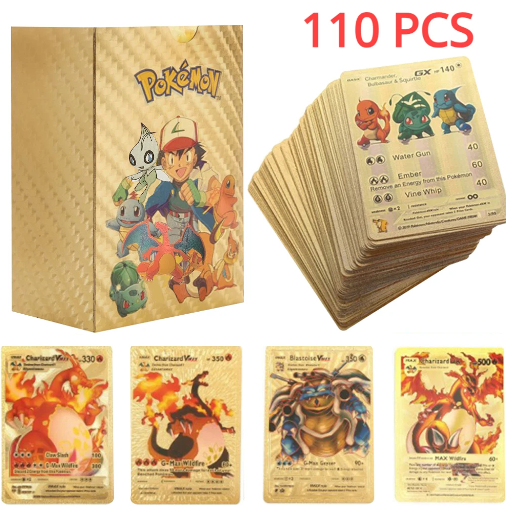 새로운 27-110PCS Cartas 포켓몬 카드 프랑스어 영어 스페인어 독일어 금박 Silve 카드 Charizard Vmax Gx 게임 컬렉션 카드