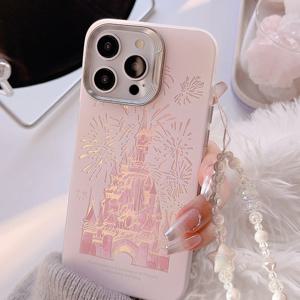 iPhone 15 14 13 12 Pro Max Plus Princess 동화 전화 케이스 커버 용 끈이있는 핑크 반짝이 성 전화 케이스