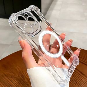 럭셔리 무선 충전 Magsafe 충격 방지 전화 케이스 iPhone 11 12 13 14 15 Pro Max Plus 투명 자기 범퍼 커버