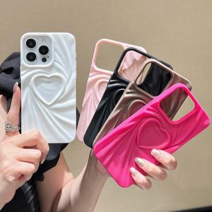 패션 폴드 링클 3D 러브 하트 실리콘 케이스 For iPhone 15 14 13 16 Pro Max Plus 12 11 PM Soft Matter 전체 전화 커버