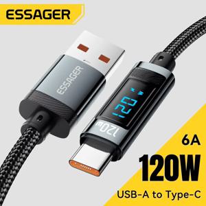Essager 120W USB 유형 C 케이블 iPhone 15 14 13 12 용 고속 충전 USB C 충전기 코드 Led 디지털 디스플레이 케이블이있는 Huawei