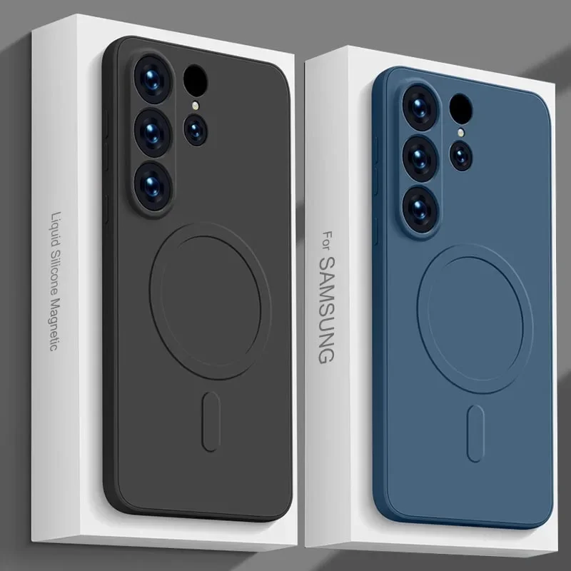 삼성 갤럭시 S24 S25 울트라 S23 플러스 S22 S21FE 펀다 무선 충전 소프트 커버에 대한 Magsafe 마그네틱 케이스 용 액체 실리콘