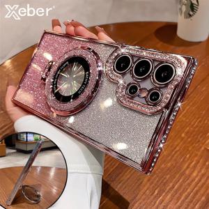 삼성 갤럭시 S25 S24 S23 울트라 S22 플러스 A55 A35 A25 A15 다이아몬드 커버에 대한 Magsafe 마그네틱 링 스탠드 케이스에 대한 럭셔리 반짝이