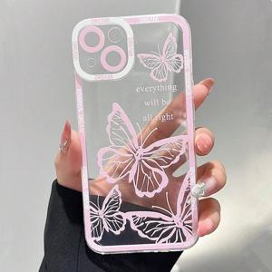 핑크 나비 패턴 전화 케이스 iPhone 16 14 13 12 11 15 Pro Max 7 8 Plus XS XR X SE 2022 맞춤형 테두리 소프트 커버