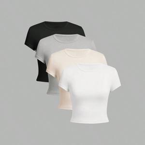 4 조각 솔리드 컬러 기본 반팔 꽉 끼는 티셔츠 여성 캐주얼 여름 미니멀리스트 여성 스타일 탑 o 넥
