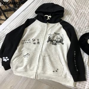 일본 대비 색 후드 탑 여성 Y2k 미적 만화 프린트 그런지 까마귀 캐주얼 지퍼 업 스웨트 하라주쿠 streetwear