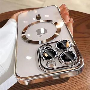 iPhone 16 15 14 13 12 11 Pro Max Plus 무선 충전 커버 (렌즈 보호 장치 포함) 용 Magsafe 마그네틱 케이스 용 고급 도금