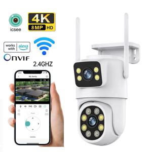 8MP 듀얼 렌즈 iCSee Wifi 카메라 PTZ 야외 4K 무선 듀얼 스크린 보안 카메라 자동 추적 모니터링 비디오 감시