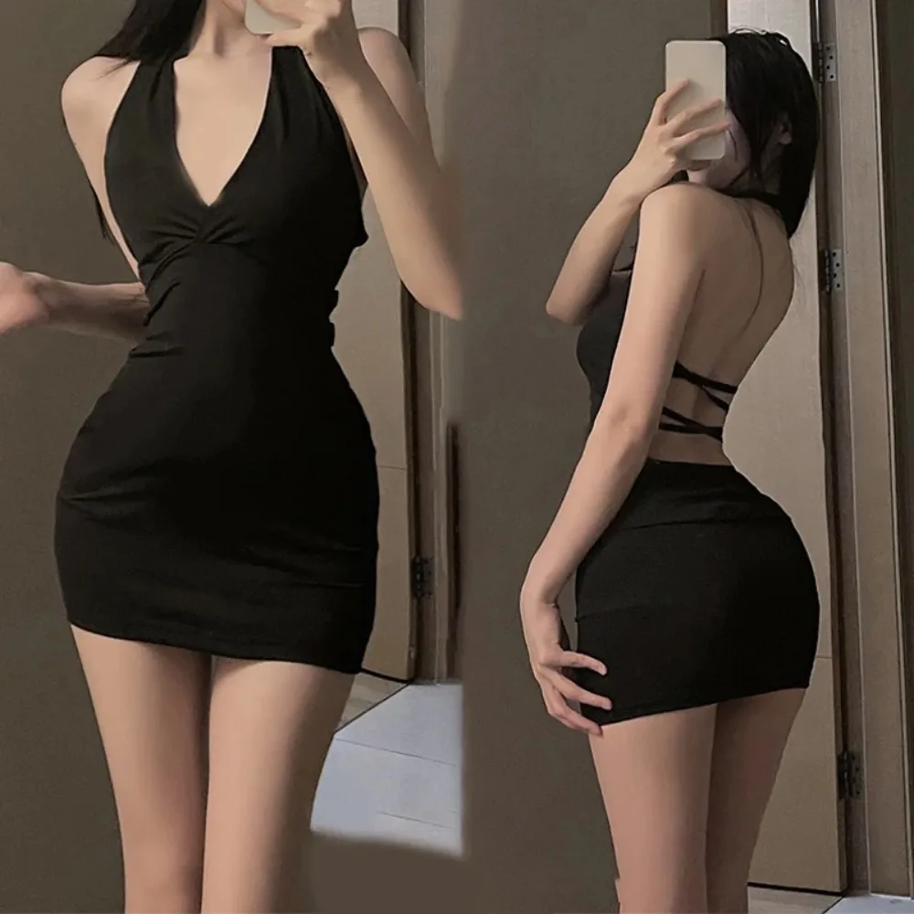여성 섹시한 홀터 백리스 슬림 v 넥 랩 블랙 파티 나이트 미니 드레스