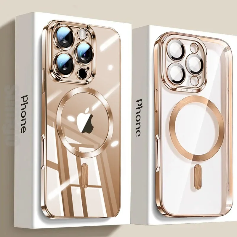 공식 새 사막 골드 무선 충전 Magsafe 케이스 iPhone 16 15 14 13 12 11 Pro Max Plus 자기 전기 도금 범퍼 커버