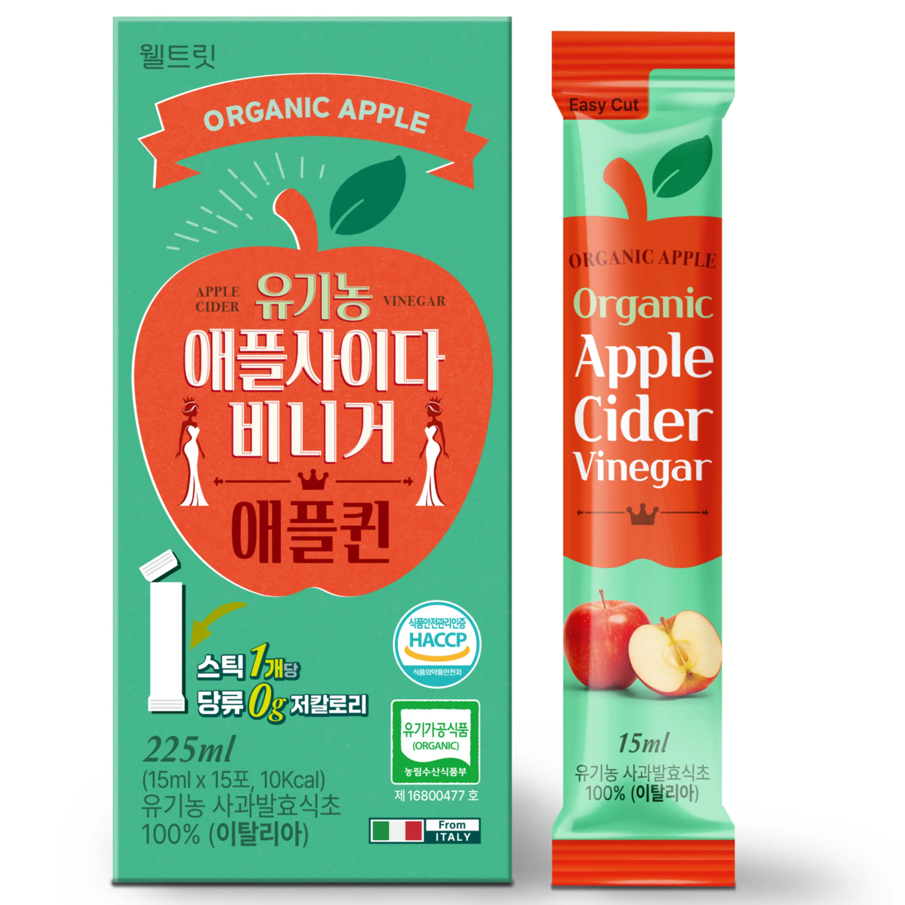 웰트릿 이탈리아 유기농 애플사이다비니거 애사비 애플퀸 (15ml x 15스틱) 대용량 10박스 20박스