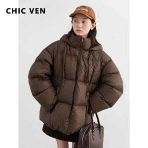 CHIC VEN 여성용 다운 코트, 솔리드 루즈 후드, 90 화이트 덕 다운 재킷, 퍼프 여성 아우터, 가을 겨울 2024, 신상