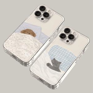 개 고양이 커플 전화 케이스 iPhone 16E 16 15 11 12 14 13 Pro Max Mini XS XR 7 8 Plus SE2 귀여운 만화 동물 충격 방지 커버