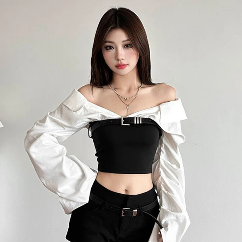 Y2K 슬래시 넥 셔츠 여성용, 크롭 패치워크 긴팔 블라우스, 한국 패션, 섹시한 오프 숄더 디자인, 크롭 탑