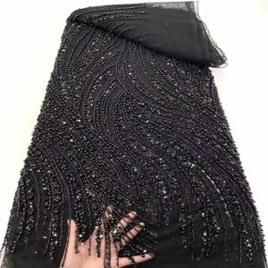 하이 퀄리티 메쉬 스팽글 자수 비즈 얇은 명주 그물, 나이지리아 레이스 직물, 신부 재료, 웨딩 바느질, 블랙 아프리카 2025