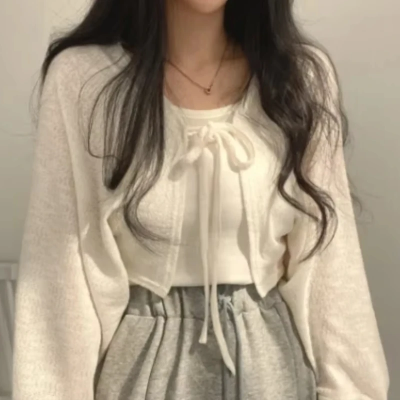 얇은 흰색 카디건 여성 여름 선 스크린 레이스 업 니트 탑 레이디 한국 스타일 캐주얼 랜턴 슬리브 짧은 태양 보호 탑