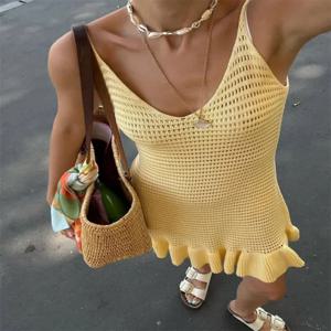 Tossy Knit Ruffled Hollow Out 미니 드레스 여성 v 넥 시스루 홀리데이 비치 캐주얼 의류 여름 여성 니트 드레스