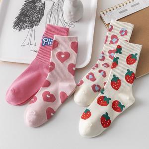 여성 카와이 꽃 하트 프린트 크루 양말 한국 일본식 귀여운 캐주얼 미드 송아지 Socken 패션 다목적 양말