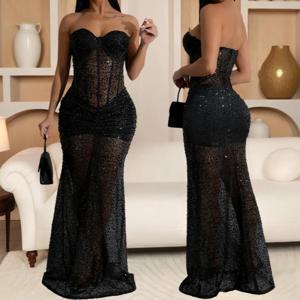소매가있는 긴 드레스 Strapless Sequin Womens Dresses See-through 우아한 파티 이브닝 ​​드레스 생일 파티 맥시 드레스 XSY22