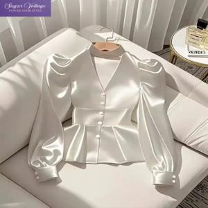 프랑스어 우아한 여성 셔츠 럭셔리 허리 Cinched 화이트 새틴 긴 소매 셔츠 여성 기질 여성의 우아한 블라우스