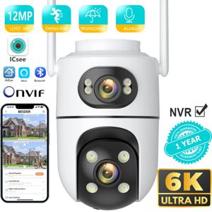 야외 무선 보안 IP 카메라 6K 12MP HD 듀얼 렌즈 외부 Wifi PTZ 카메라 자동 추적 거리 감시 카메라 iCsee