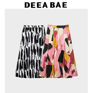 DEEABAE 봄과 여름 새로운 여성의 주름 장식 a 라인 밑단 코튼 스피닝 하이 웨이스트 프린트 미디 스커트