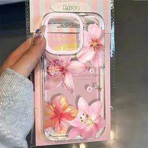 핑크 백합 꽃 패턴 전화 케이스 iPhone 16 16e 15 14 13 12 11 Pro Max X XR XSMax 7 8 Plus SE2 투명 소프트 TPU 커버