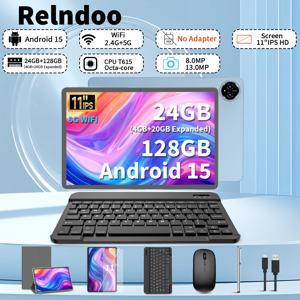 2025 Relndoo 11인치 Android 15 태블릿, 24GB(4+20 확장) RAM+128GB ROM, IPS HD 화면, 5G WiFi, T615 프로세서, GPS, 유형 C