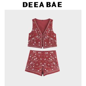 DEEABAE 2025 여름 신상 여성 의류 기질 거울 효과 장식 자수 베스트 캐주얼 반바지 세트